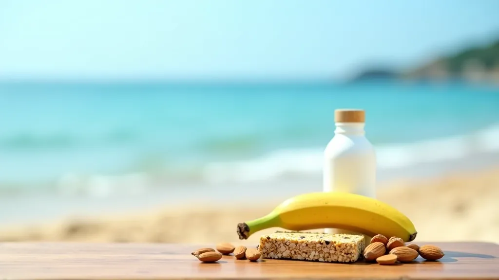 Przezroczysta butelka wody, banana, ciastka i orzechy ułożone na drewnianym stole przy morzu