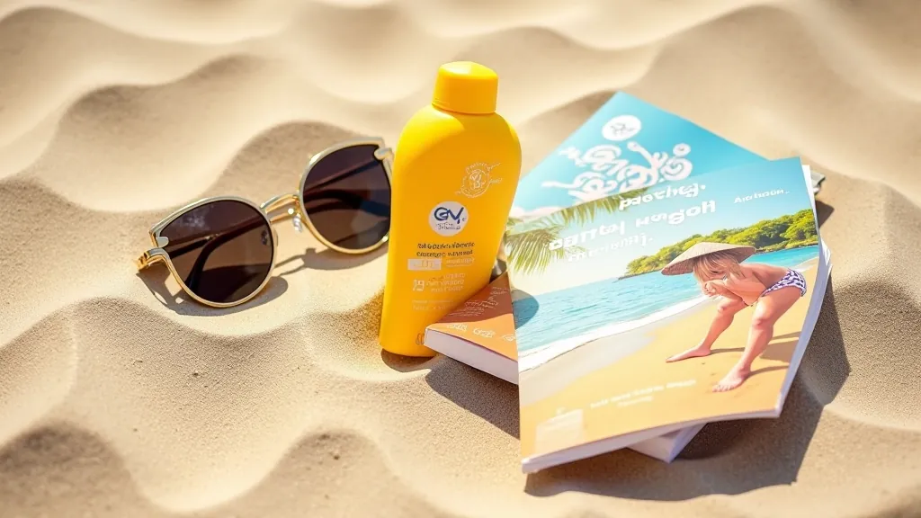 Butelka kremu do ochrony przed słońcem, okulary przeciwsłoneczne i mały przewodnik leżą na plaży