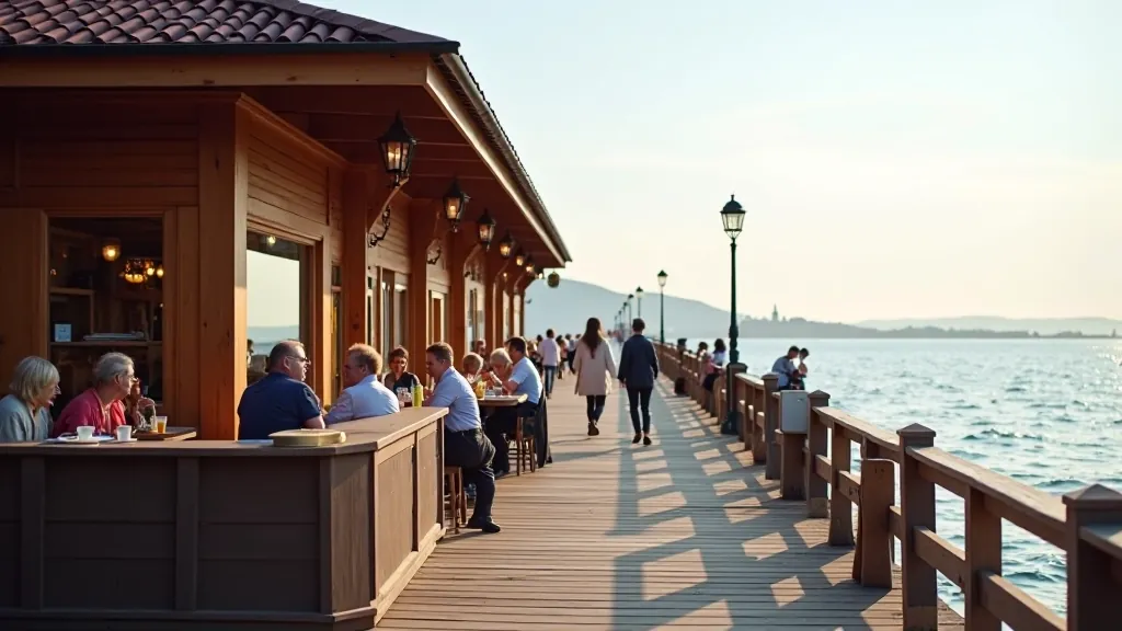 Drewniana restauracja na końcu Sopockiego mola, ludzie siedzą przy stolikach, widok na morze, słoneczna pogoda